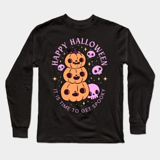 Happy halloween it is time to get spooky a cute pumpkin pile design with skulls Long Sleeve T-Shirt